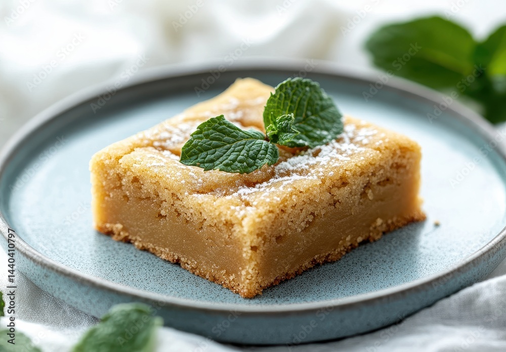 Delicious homemade dessert square with mint leaves on top, served on a decorative plate with soft focus background of green mint leaves and textured fabric Delicious homemade dessert square with mint leaves on top, served on a decorative plate with soft focus background of green mint leaves and textured fabric