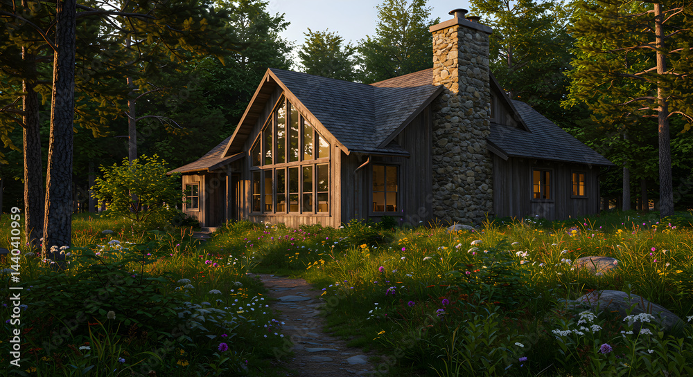 Fototapeta premium Idyllic Cabin Retreat Nestled Among Lush Wildflowers And Towering Trees