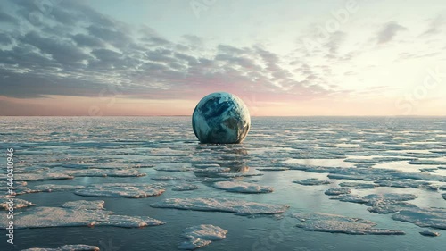 Ice floes surround a reflective globe in a tranquil ocean at sunrise highlighting environmental themes