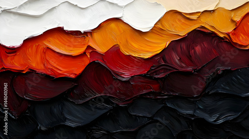Abstract painting featuring layered, textured brushstrokes of vibrant colors.  Bold hues shift from light to dark, creating a striking visual effect