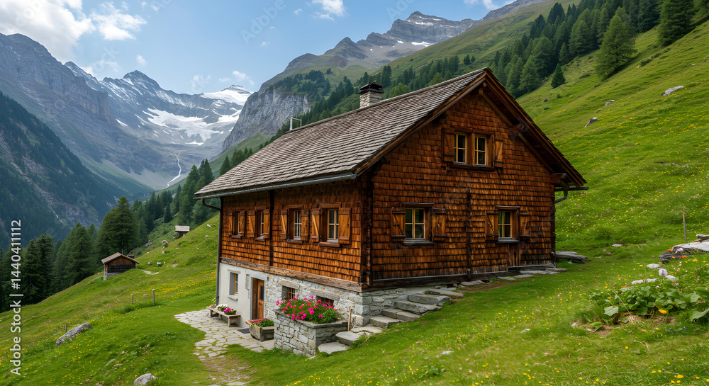 Idyllic Mountain Cabin With Snow-Capped Peaks In The Swiss Alps Idyllic Mountain Cabin With Snow-Capped Peaks In The Swiss Alps