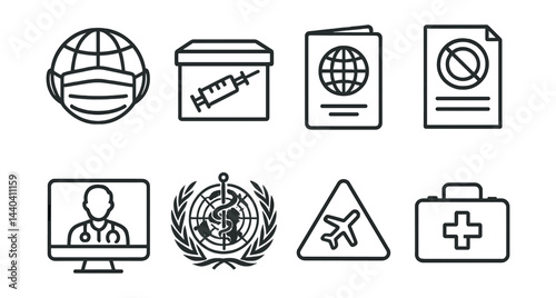Global health and travel icons set – mask, vaccine, passport, flight, medical, doctor, alert