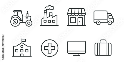 Transportation and infrastructure icons set – tractor, factory, store, truck, school, hospital, monitor, suitcase