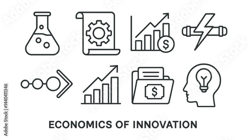 Economics of innovation icons set – lab flask, gear document, growth chart, finance, lightning, idea