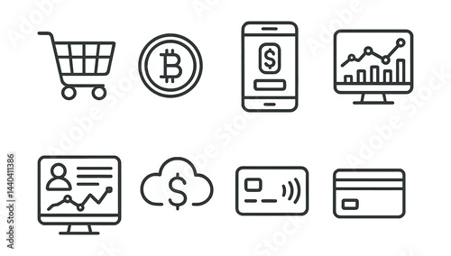 E-commerce and finance icons set – cart, bitcoin, mobile payments, analytics, cloud