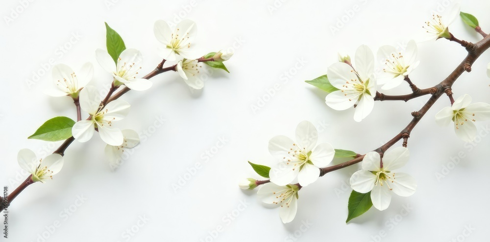 Fototapeta premium Delicate branches with fine leaves on a white background, wood, clean