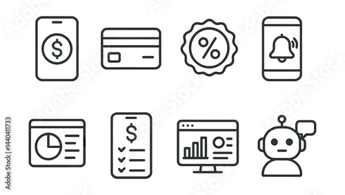 Finance and notification icons set – mobile payment, credit card, percent, bell, analytics, robot