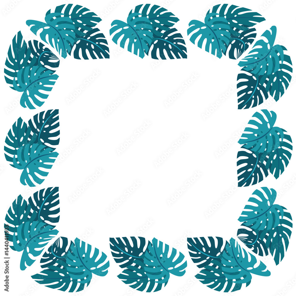 A square-shaped frame made of tropical leaves. A vivid illustration for a postcard, invitation card for a wedding, birthday and other holidays. A square-shaped frame made of tropical leaves. A vivid illustration for a postcard, invitation card for a wedding, birthday and other holidays.
