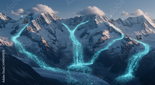 Aerial View of Illuminated Ski Tracks on Snowy Mountain Peaks