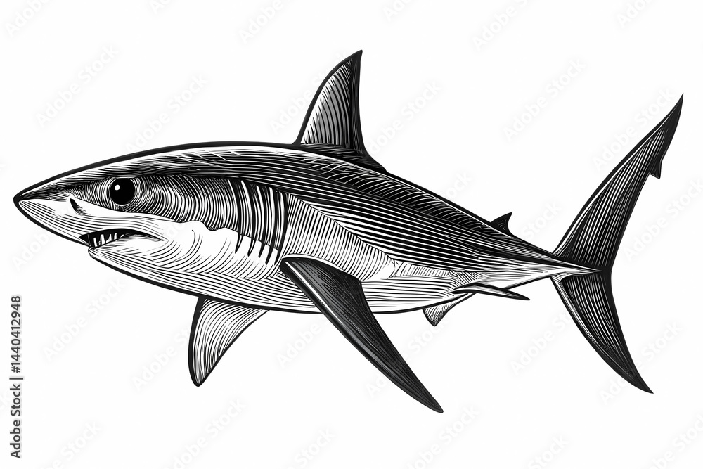 Fototapeta premium Detailed Monochrome Illustration of a Powerful Shark, Ocean Predator, Marine Life, Aquatic Animal, Wildlife Art