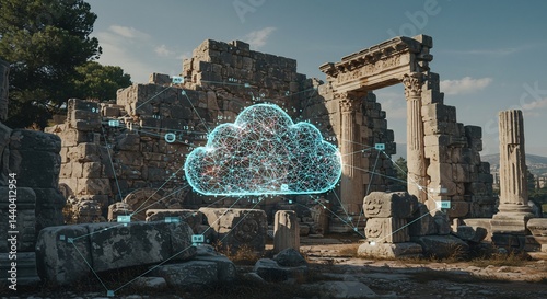 Ancient Ruins with Futuristic Digital Cloud Overlay