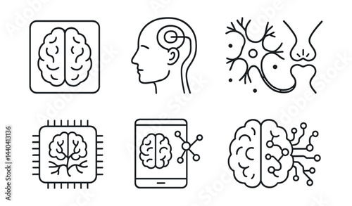 Cognitive technology icons set – brain, neural, ai, circuit, tablet, synapse