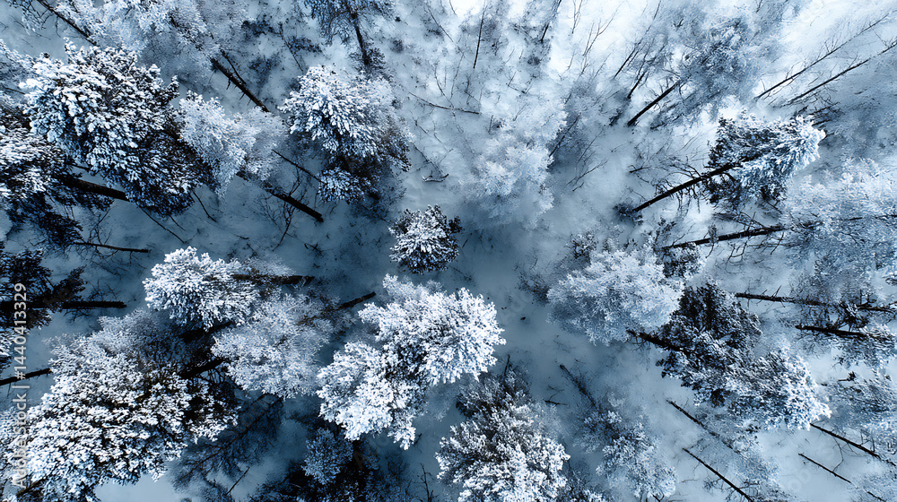 Fototapeta premium Aerial View of Snow Covered Forest in Winter