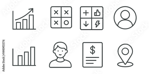 Business and data analysis icons set – graph, strategy, profile, financial, location