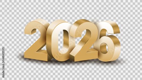 3D gold, white and black 2026 Happy new year letters on transparent, white and black background vector illustration. 2026 3d text vector 