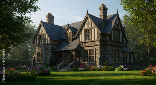 Picturesque Tudor Style Home With Beautiful Garden Landscape