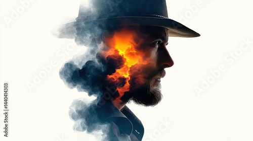 Surreal portrait of man with fiery smoke blending into his profile
