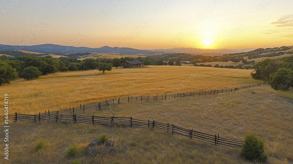 Fototapeta premium serene sunset over golden field with rustic fencing and rolling hills in background