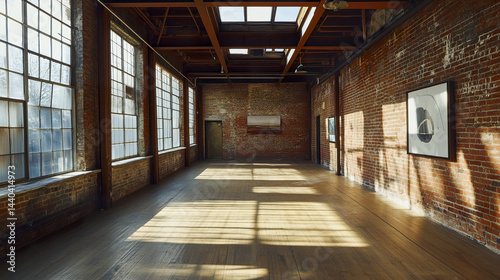 spacious industrial loft with large windows and wooden floors, filled with natural light