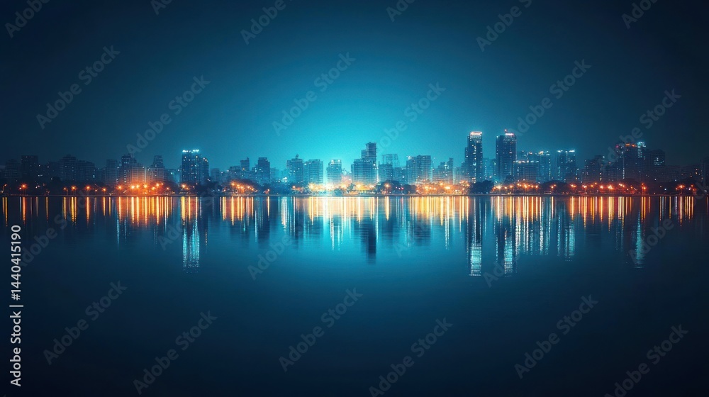 Obraz premium Night Cityscape Reflection: A Serene Panorama of Urban Lights
