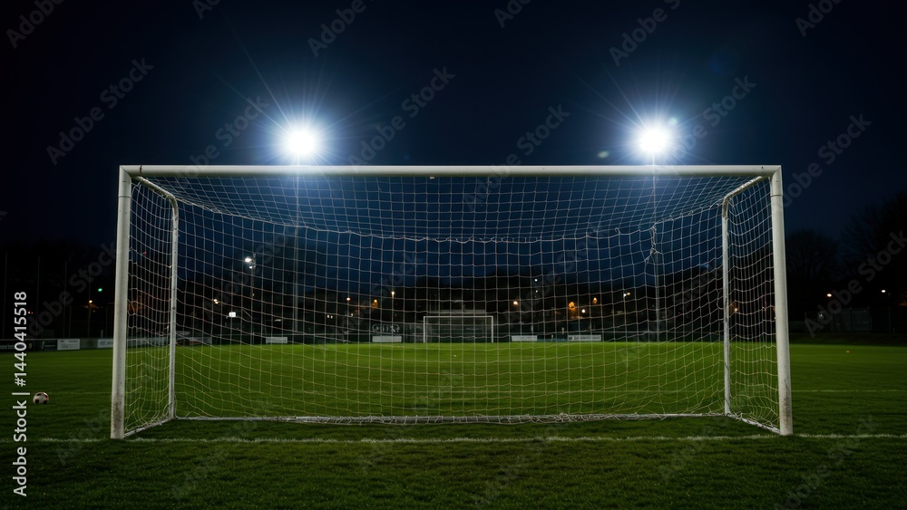 Fototapeta premium Soccer goal on field at night under bright lights