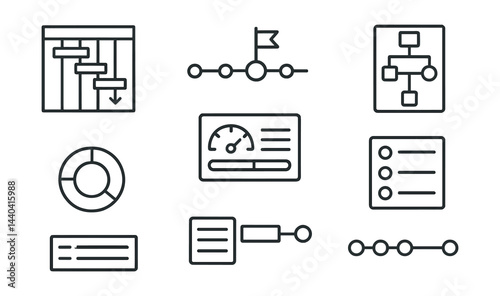 Project management icons set – gantt, flowchart, timeline, dashboard, checklist