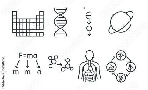 Science and education icons set – periodic table, dna, planet, equations, molecules, human anatomy, ecology