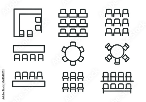 Meeting room layout icons set – u-shape, classroom, theatre, boardroom, roundtable