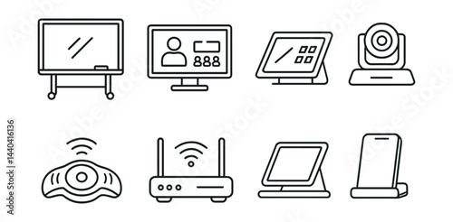 Conference technology icons set – whiteboard, video call, tablet, camera, speaker, router, stand