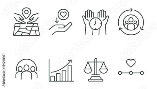 Community engagement icons set – location, donation, volunteer, teamwork, growth, balance, compassion