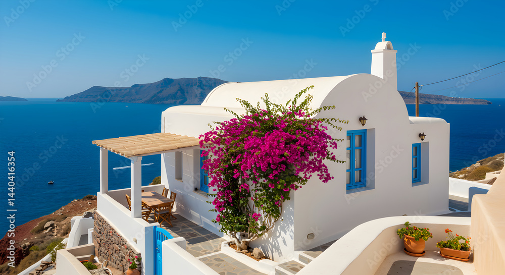 Fototapeta premium Picturesque Greek Island Villa With Vibrant Bougainvillea And Aegean Sea View