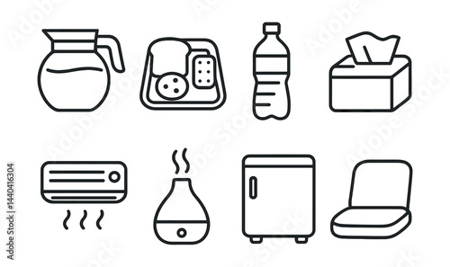 Everyday essentials icons set – coffee, lunch, bottle, tissue, air conditioner, diffuser, fridge, chair