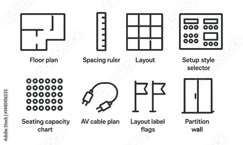 Architectural planning icons set – floor plan, layout, partition wall, spacing ruler