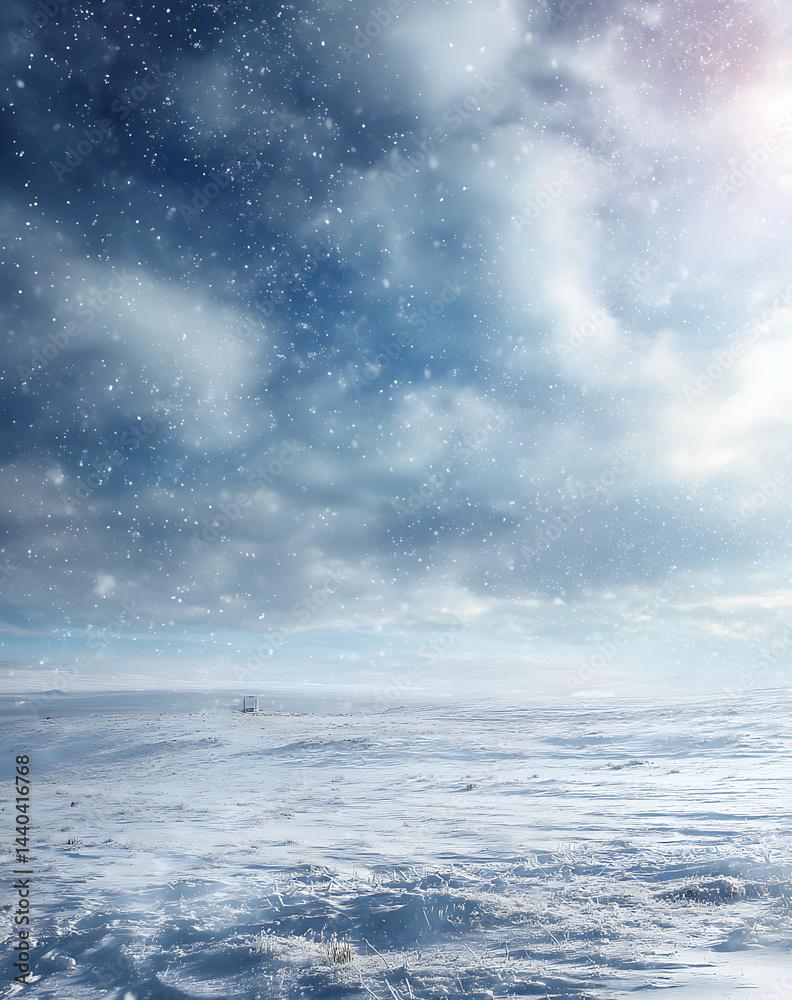 Fototapeta premium Serene Winter Landscape Blue Sky, White Snow, and Falling Snowflakes