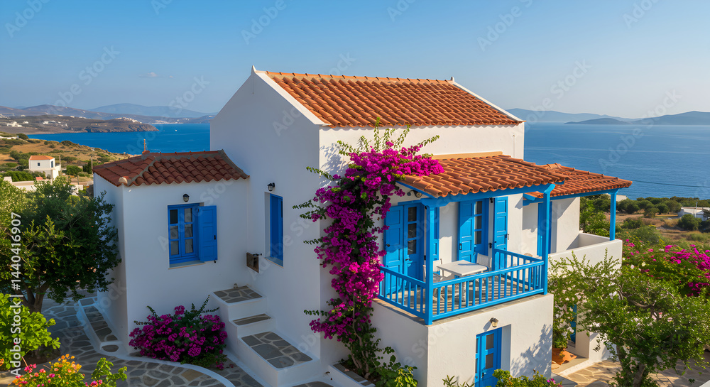 Fototapeta premium Picturesque Greek Island Villa With Bougainvillea Flowers And Turquoise Aegean Sea