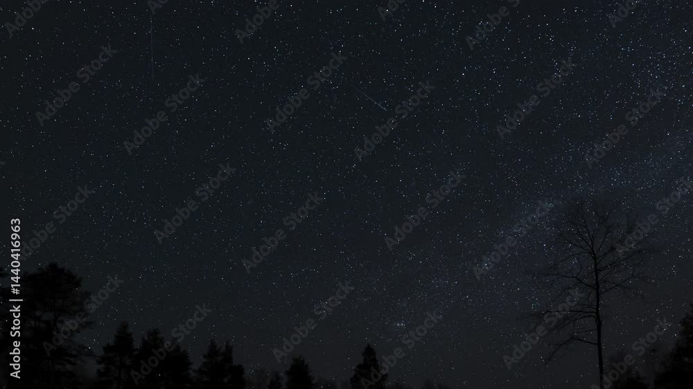 Experience a peaceful night in the forest, beneath a vast sky filled with stars and visible constellations, creating a tranquil atmosphere. The stars move across the night sky. Experience a peaceful night in the forest, beneath a vast sky filled with stars and visible constellations, creating a tranquil atmosphere. The stars move across the night sky.