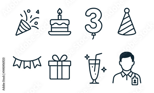 Celebration and party essentials icon set – cake, balloon, gift, party hat