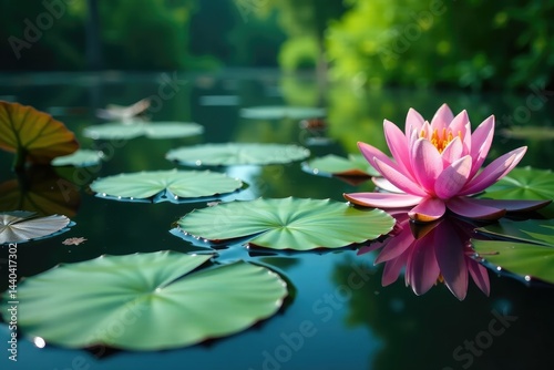 Water lilies forming a natural floral pattern on serene lake, nature, light, photography