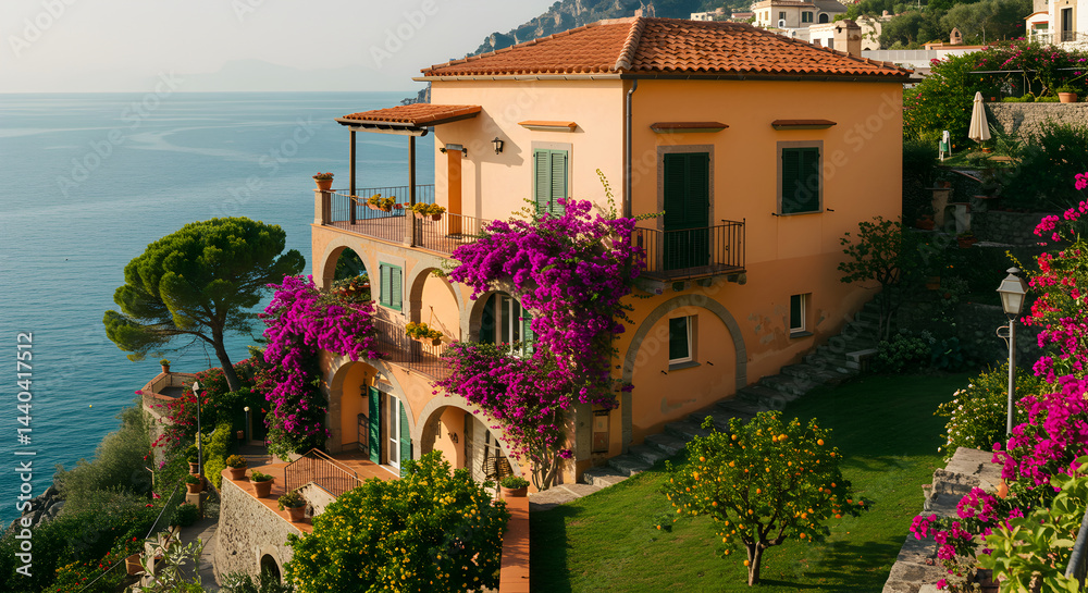 Fototapeta premium Coastal Italian Villa With Bougainvillea Flowers And Turquoise Ocean View