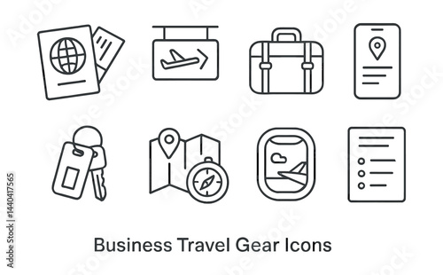Business travel gear icons set – passport, luggage, boarding, map, itinerary, flight