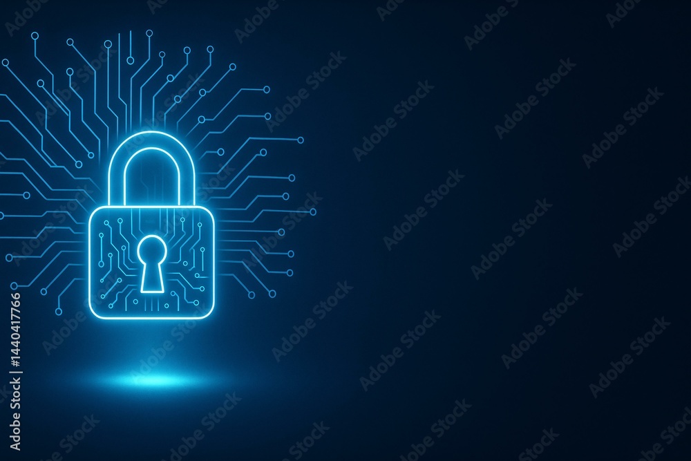 Futuristic Digital Security Concept with Glowing Lock and Circuit Lines