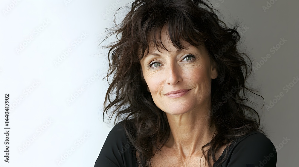 Close-up portrait of a smiling middle-aged woman with shoulder-length wavy brown hair. She's wearing a black top against a light background. The image conveys confidence and natural beauty. Close-up portrait of a smiling middle-aged woman with shoulder-length wavy brown hair. She's wearing a black top against a light background. The image conveys confidence and natural beauty.