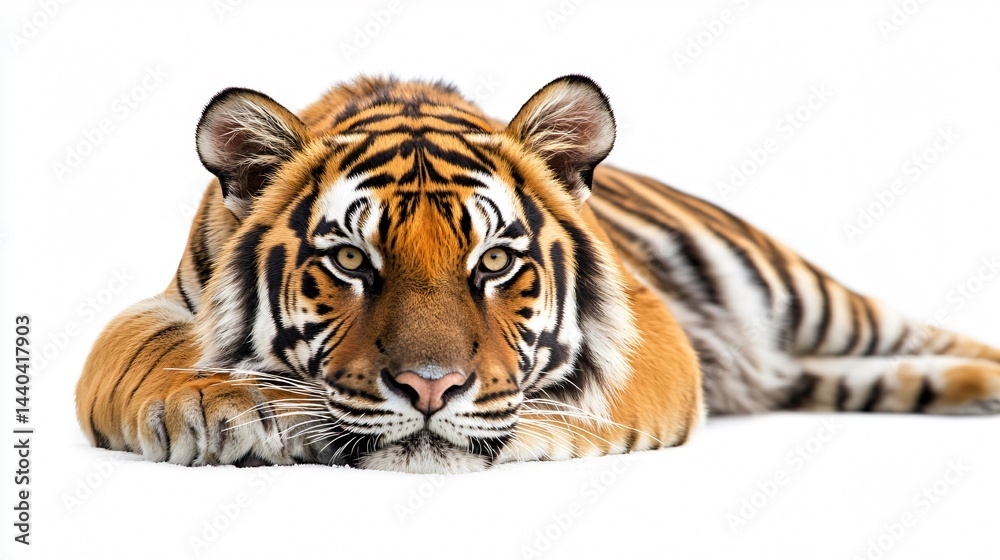 Fototapeta premium Majestic Tiger Lying Calmly - Close-up Portrait for Wildlife Enthusiasts