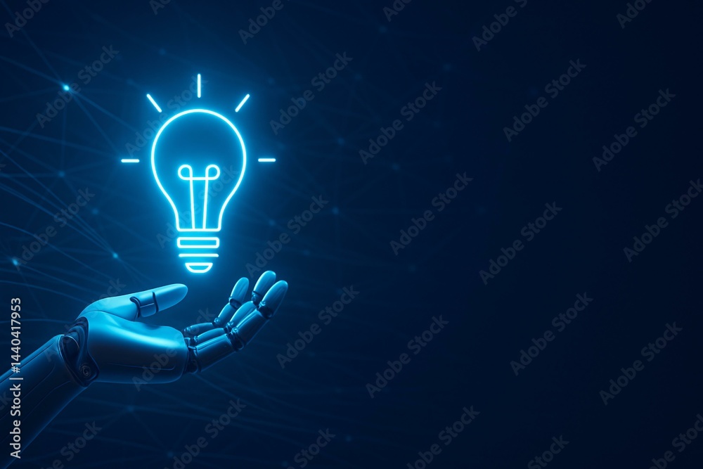 Futuristic Robotic Hand Holding a Glowing Idea Light Bulb Symbolizing Technology Innovation