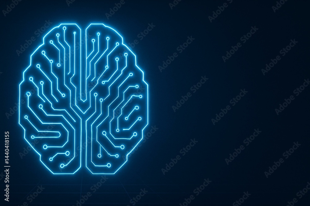 Neon Digital Brain Circuitry Illustration on Dark Background