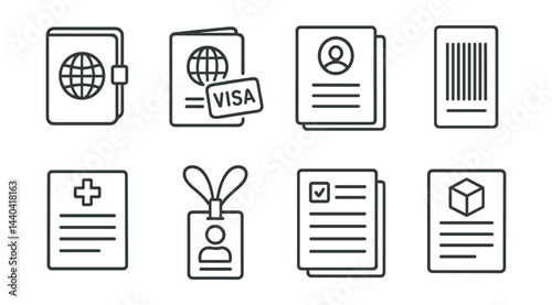Travel and identification icons set – passport, visa, id, documents, barcode, badge
