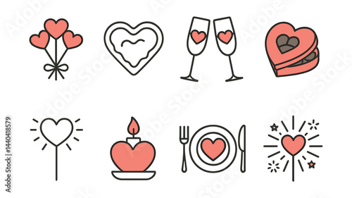 Romantic icons set – hearts, champagne, chocolates, candlelight, dining, fireworks