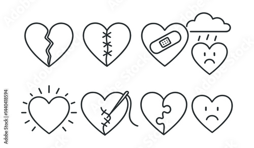 Heart emotion icons set – healing, sadness, broken, stitched, bandaged, puzzle, rain, smile