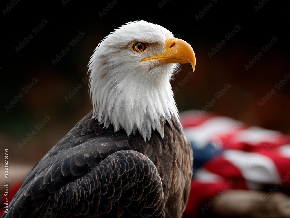 Obraz premium Majestic Bald Eagle Portrait with American Flag Wildlife Sanctuary Close-Up Photography Natural Habitat Low Angle Symbol of Freedom