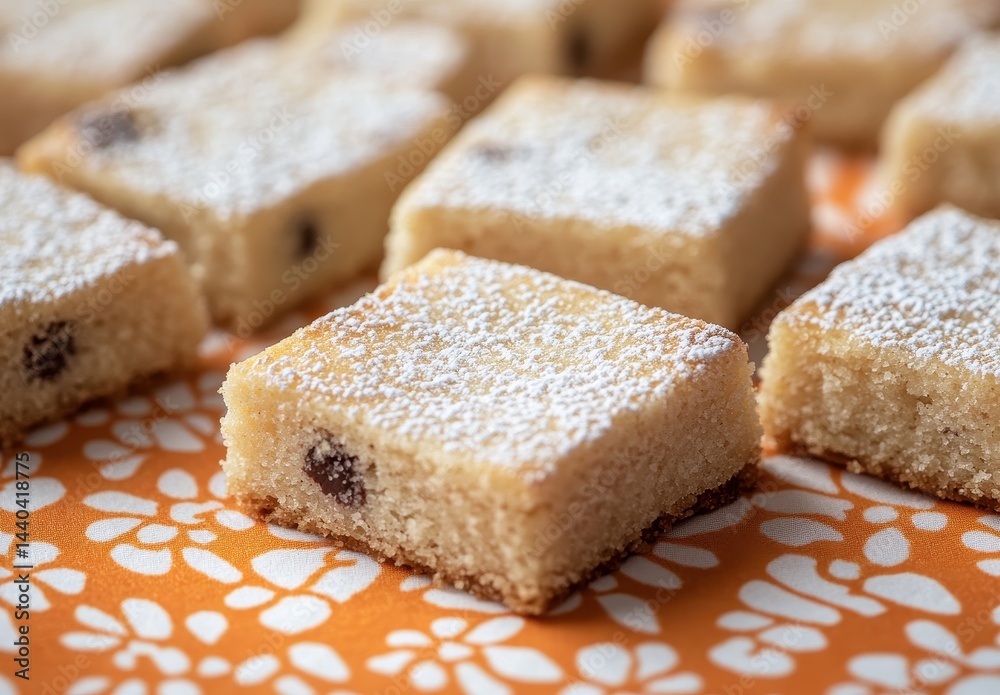 Delicious square dessert on orange patterned background, featuring sweet sugar dusting and chocolate chips, perfect for pastry menus or baking inspiration. Delicious square dessert on orange patterned background, featuring sweet sugar dusting and chocolate chips, perfect for pastry menus or baking inspiration.